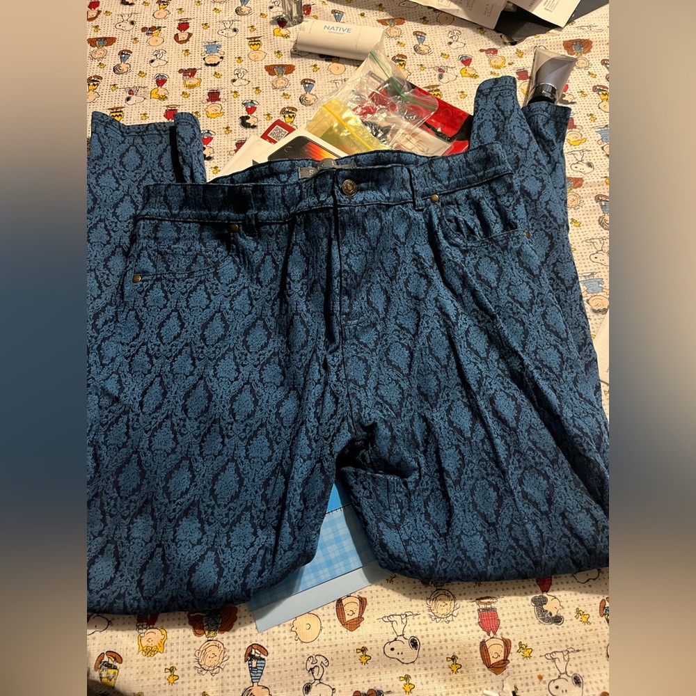 Blue Patterned Straight Leg Jeans